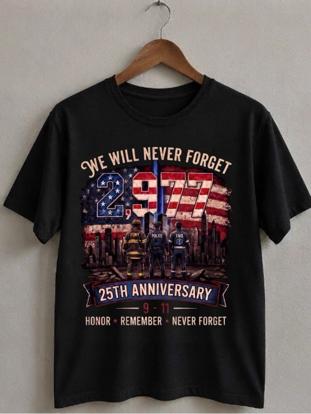 Black 'We Will Never Forget' 25th Anniversary 9-11 Memorial T-Shirt